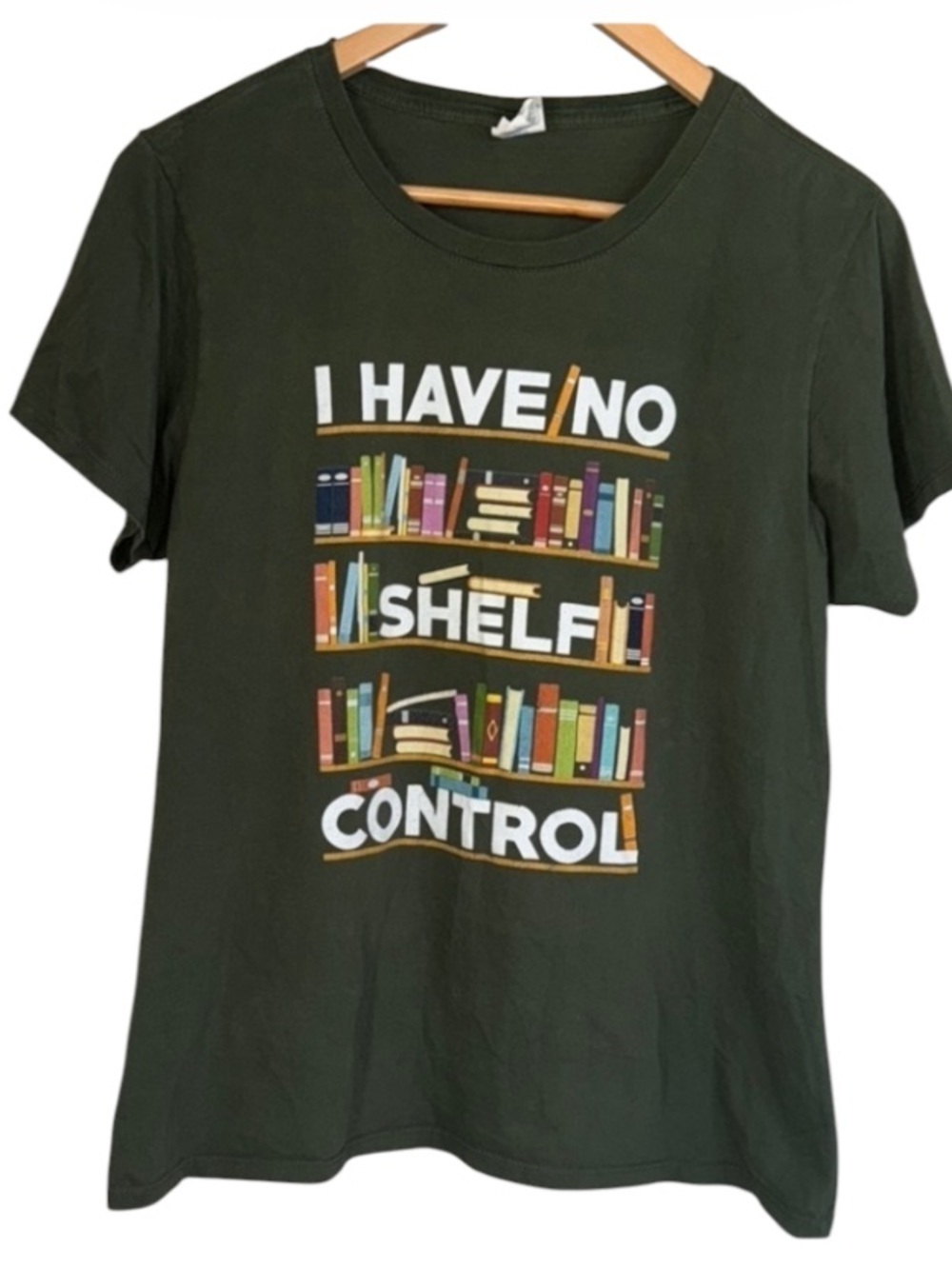 Book Green shirt Graphic tee with Book shelf ladies XL